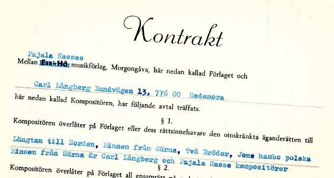 Förlagskontrakt mellan dragspelaren Carl Långberg och förläggaren Hans ”Pajala-Hasse” Persson. Källa: Svenskt visarkiv
