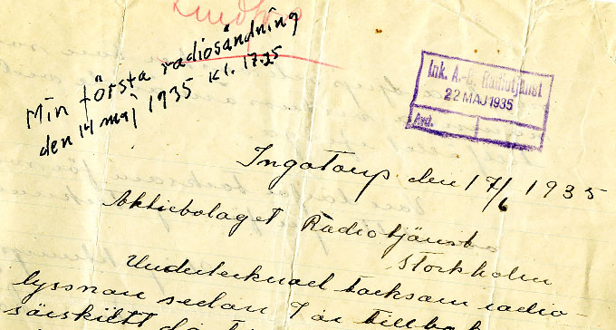 Lyssnarbrev till dragspelaren Erik Frank efter hans första radioframträdande 1935. Källa: Svenskt visarkiv