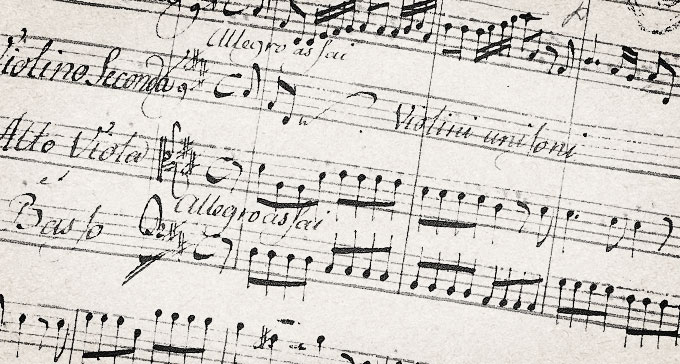 Utsnitt från faksimil av Johan Helmich Romans Drottningholmsmusik.