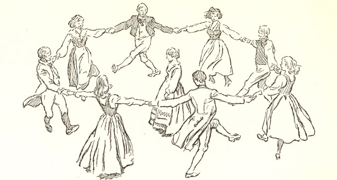 Illustration av dansande barn i ring av Eric Palmquist ur boken Svenska folklekar och danser (1950).