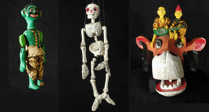 Tre av Scenkonstmuseets tusentals teaterdockor. Foto: Scenkonstmuseet