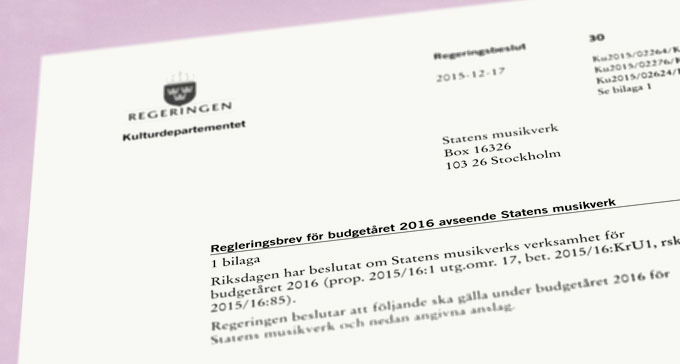 Regleringsbrev för budgetåret 2016. Bild: Musikverket